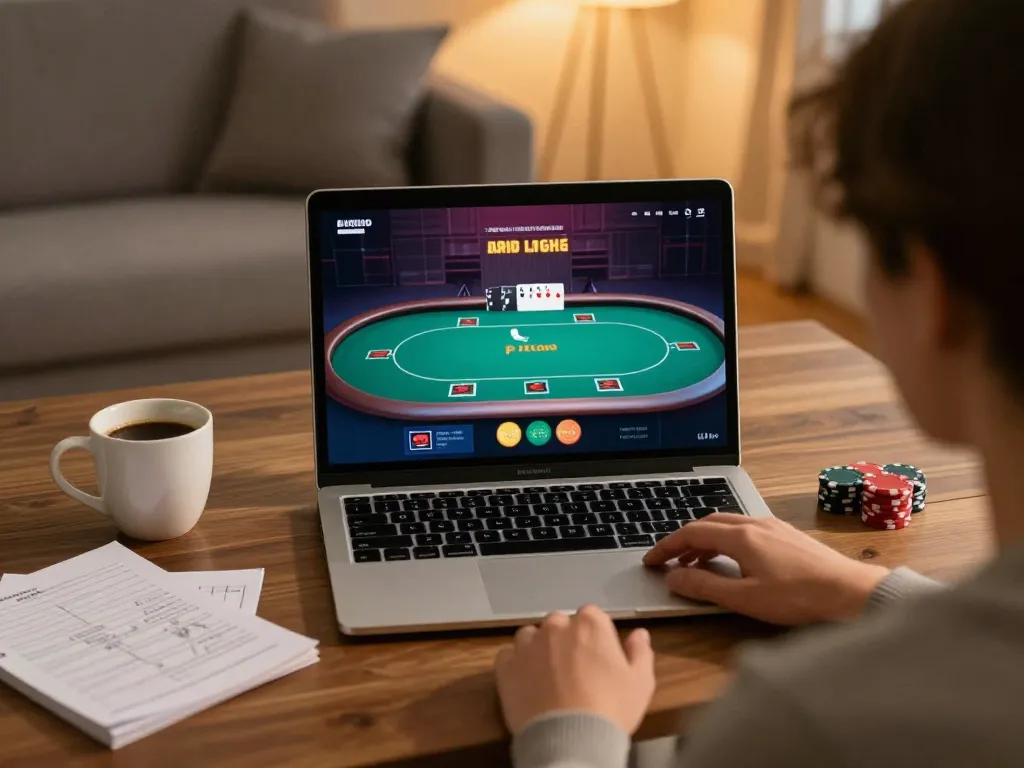 Engaged in online poker at home with onbet app on the laptop, strategy notes visible for better performance.