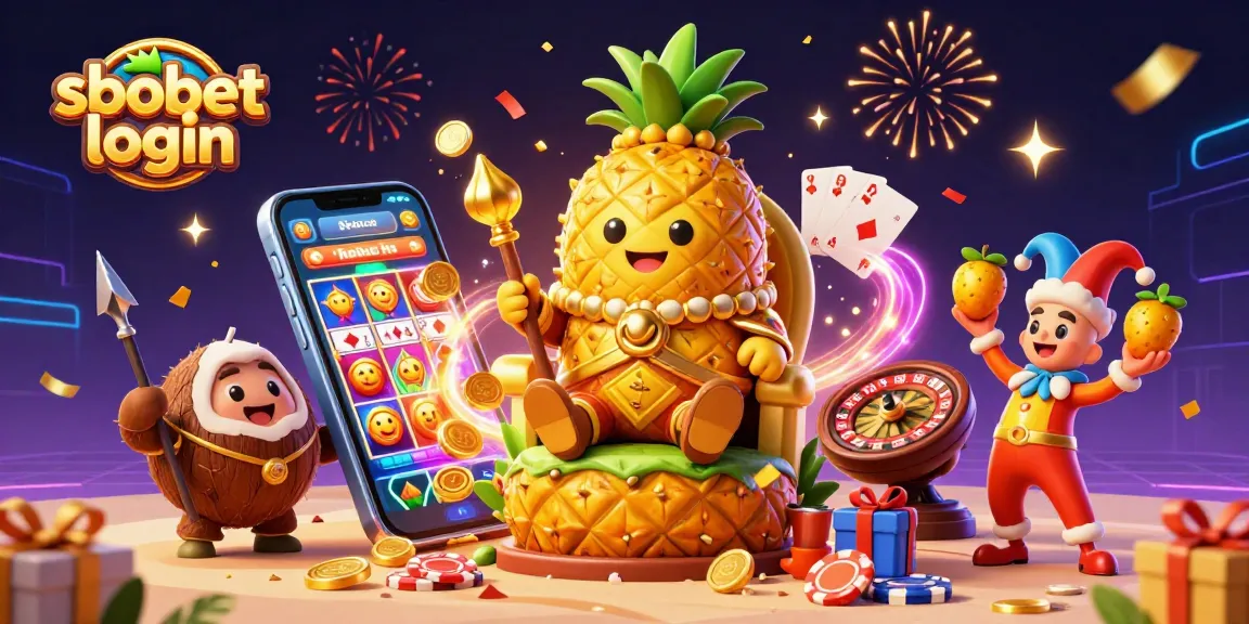 Engage with sbobet login in this vibrant casino scene featuring a pineapple king and dynamic gaming elements.