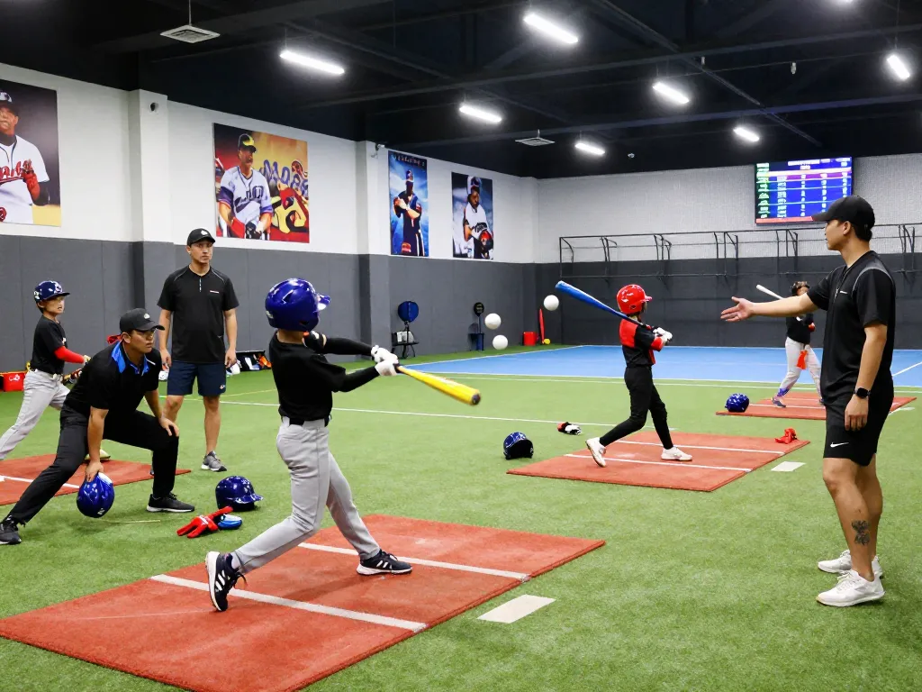 Young athlete at hitclub batting practice swinging a bat in vibrant indoor training facility.