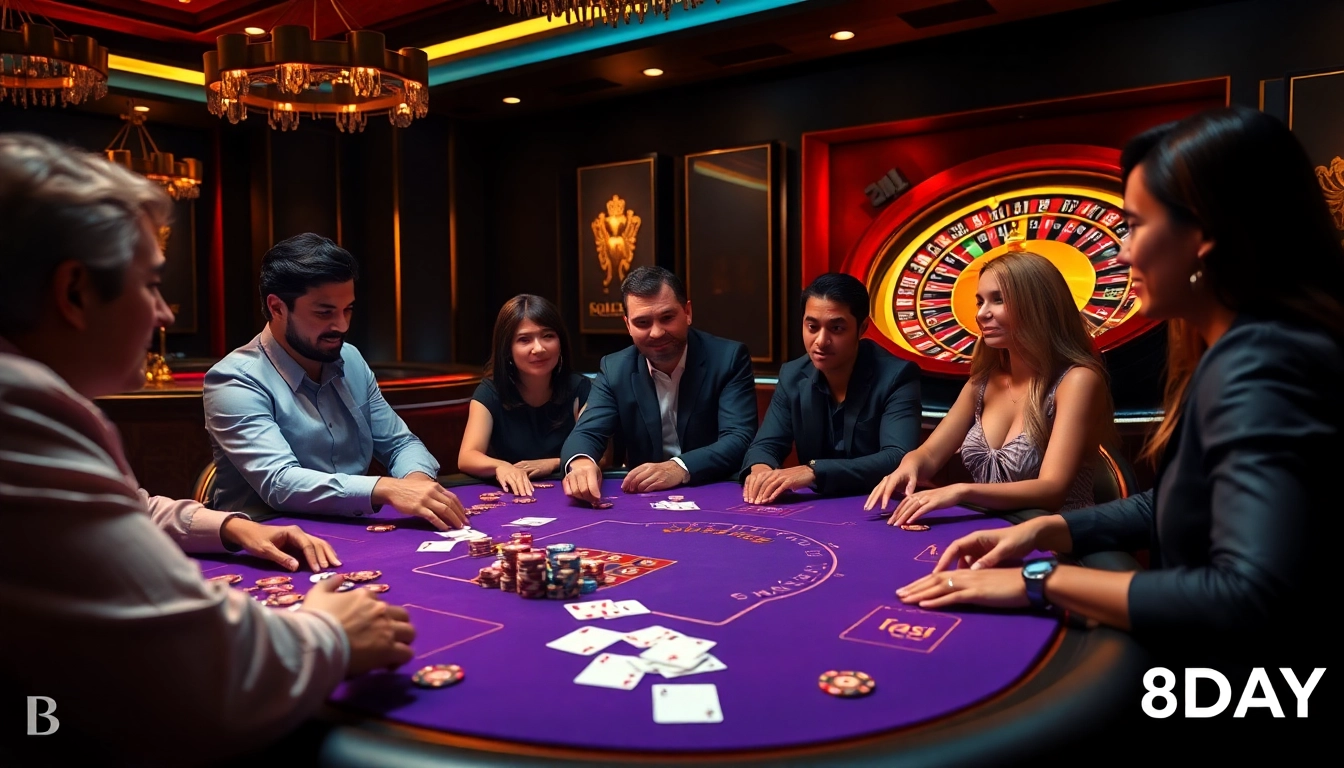 Engaged players at the 8DAY casino poker table, showcasing vibrant chips and a roulette wheel.