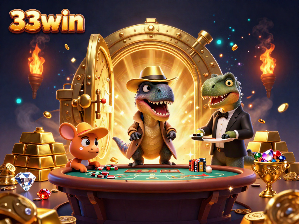 33win presents a vibrant casino scene with cartoon dinosaurs engaging in blackjack, capturing the excitement of online gambling.
