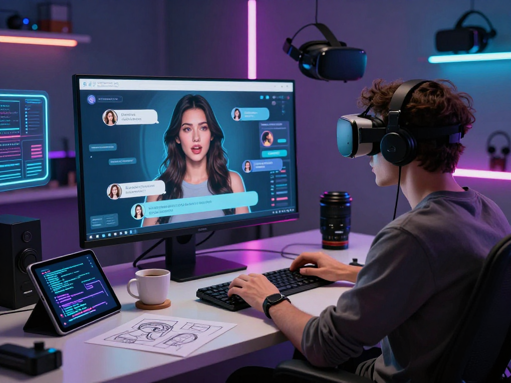 Engaging AI chat porn scene depicting a user interacting with an advanced AI chat interface in a modern tech workspace.