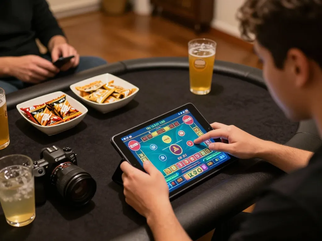 Tài Xỉu Sunwin gaming session on tablet with player focused on betting strategy and colorful interface.