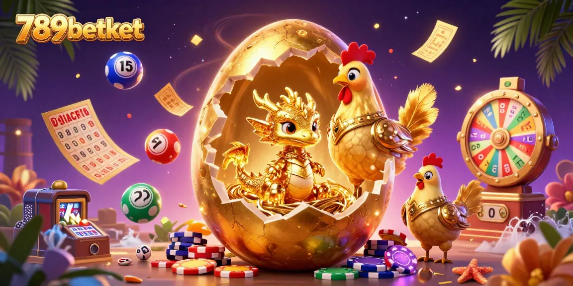 Engage with the exciting world of 789betket featuring a golden dragon, poker chips, and vibrant lottery elements.