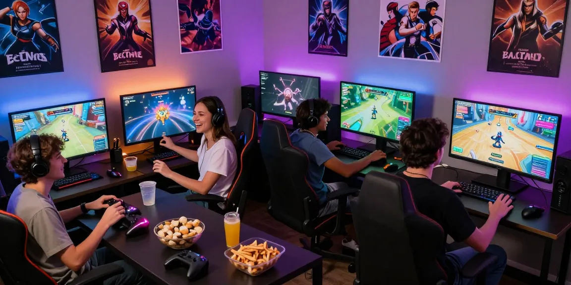 Players immersed in ecchi games online in a lively gaming room setting, colorful monitors and snacks creating an engaging atmosphere.