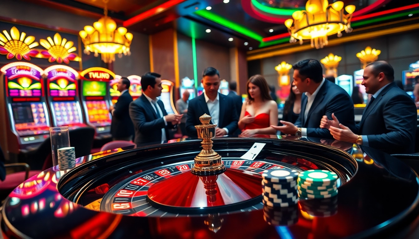 Exciting TV88 game scene with glamorous casino elements showcasing roulette, poker chips, and players.