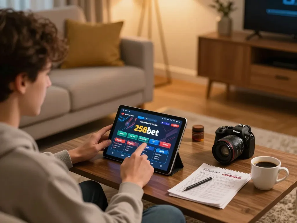 Player enjoying a game on the 258bet app in a cozy home setting, showcasing strategic engagement.