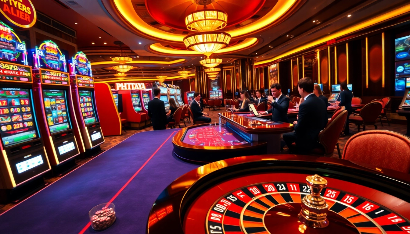 PHTAYA slot machines and poker tables with players engaged in casino excitement