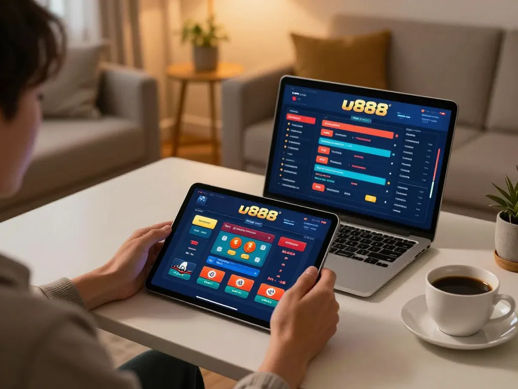 Experience thrilling gameplay with u888 on a tablet in a cozy home setting