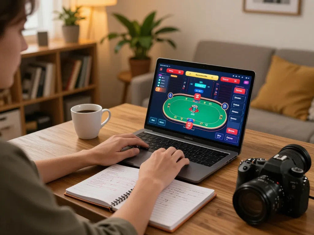 Player strategizing online with alc88 gaming setup, showcasing engaging poker interface and personal elements