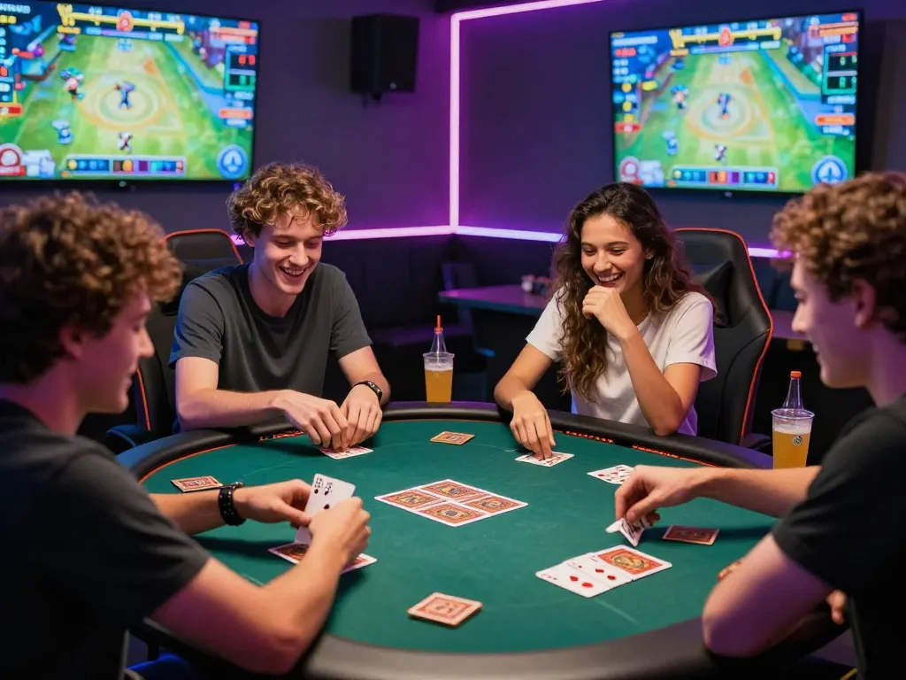 Friends enjoying a thrilling Game bài session in a lively gaming lounge with colorful decorations and an energetic atmosphere.