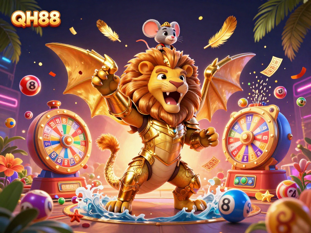 Engage with the vibrant QH88 casino adventure, featuring colorful lottery games and a triumphant chimera.