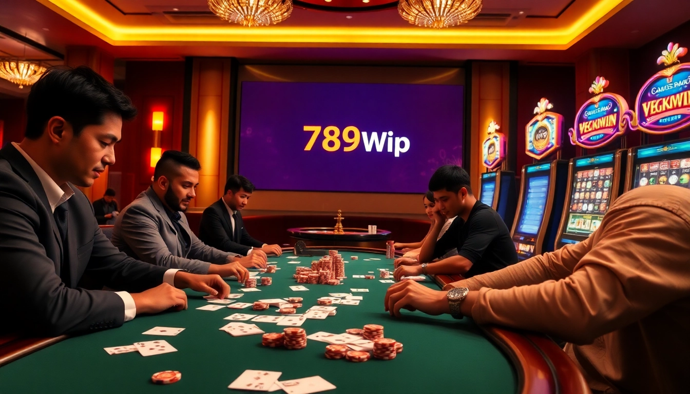 Players engage at a poker table in a luxurious casino, showcasing 789win vip excitement and elegance.