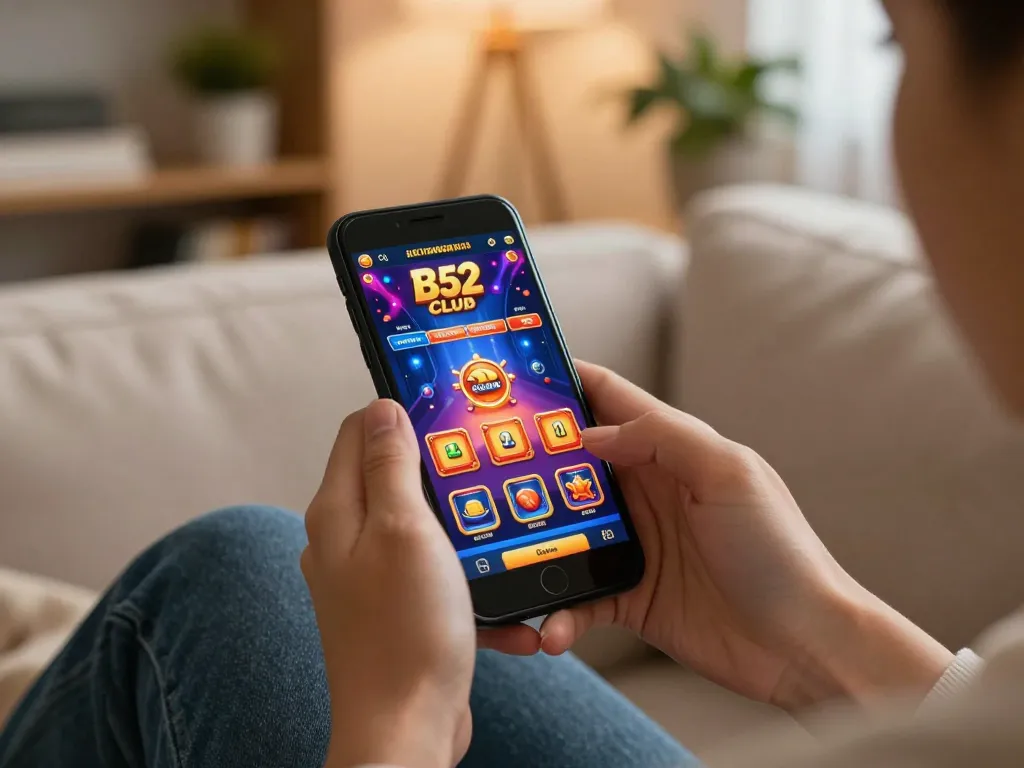 B52 Club player enjoying mobile gaming with smartphone, showcasing exciting gameplay interface in cozy home setting.