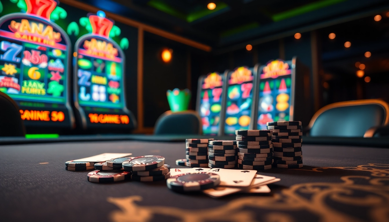 Engaging in a thrilling game at the 65A casino with poker chips and a vibrant slot machine.