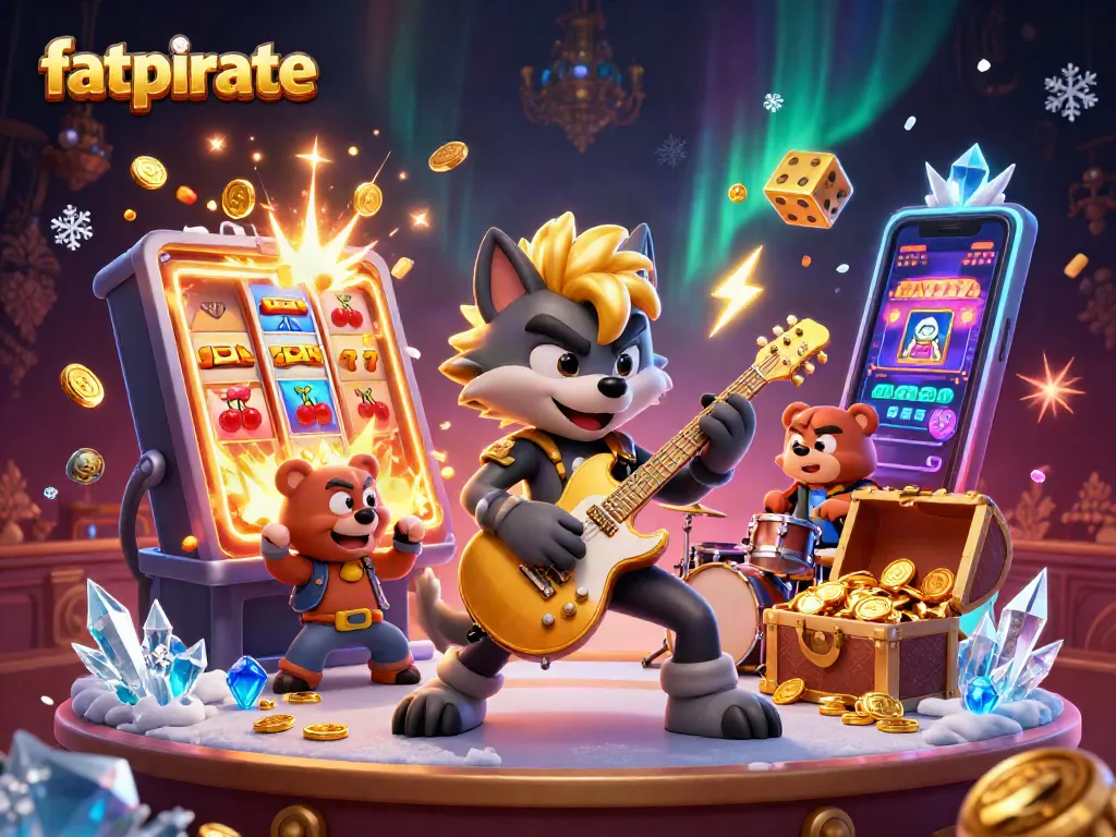 Experience the excitement with fatpirate as a rock star wolf rocks a casino stage amidst gold jackpot explosions.