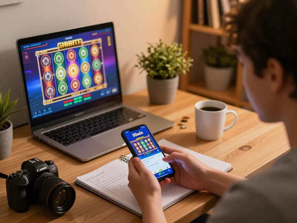 Engaging online gamer exploring 58wiin casino app on smartphone in a cozy home setup, promoting strategic betting.