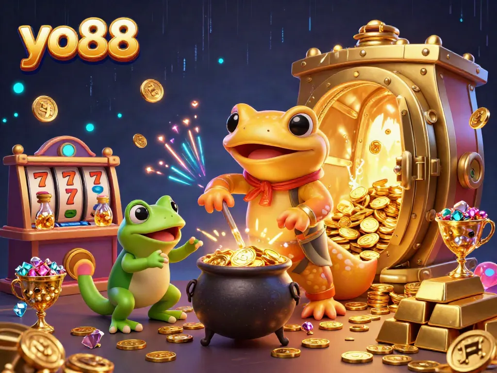 Experience the vibrant thrill of yo88 with slot reels and gold coins scattered in a dynamic casino scene.