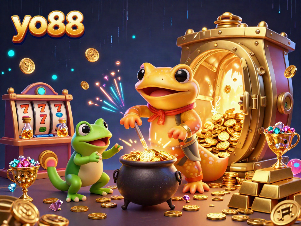 Experience the vibrant thrill of yo88 with slot reels and gold coins scattered in a dynamic casino scene.