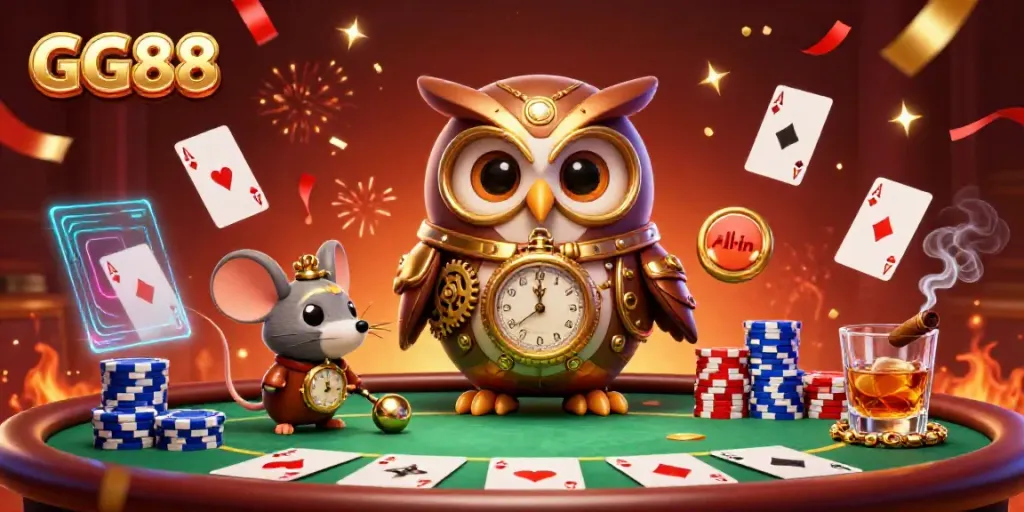 Experience the excitement of GG88 online casino with a vibrant steampunk owl and dynamic poker elements in a festive atmosphere.