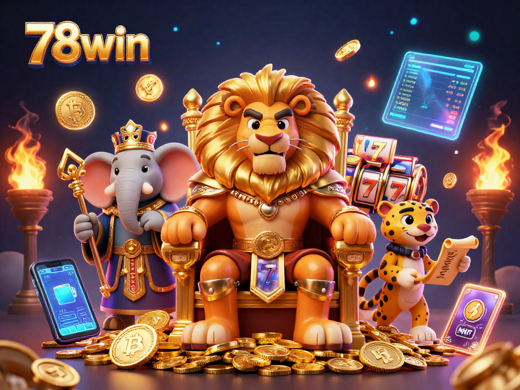 Experience the excitement of 78win with dynamic slot games and engaging characters in a vibrant casino scene.