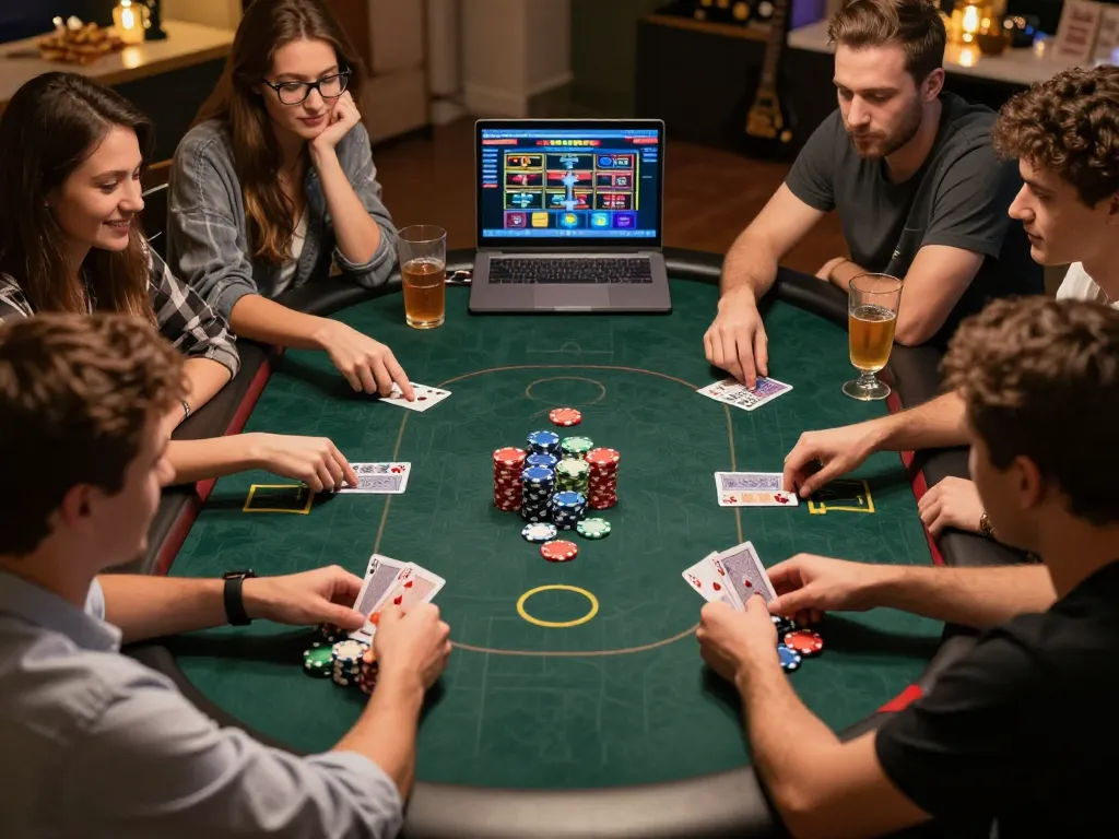 Players engaging in a lively poker game in a cozy setting with XX88 online casino interface visible