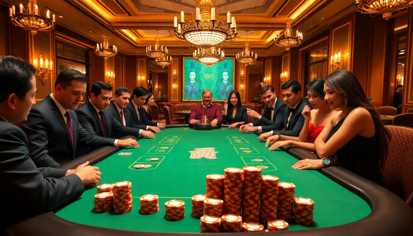 Intense Casino Action at https://urr88.com/ with players engaged at a poker table, high-stakes atmosphere.