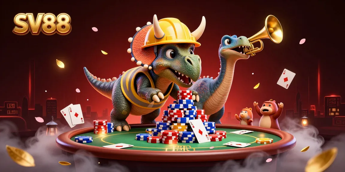 Engage with SV88's exciting casino vibes featuring cheering characters, poker elements, and vibrant decorations.