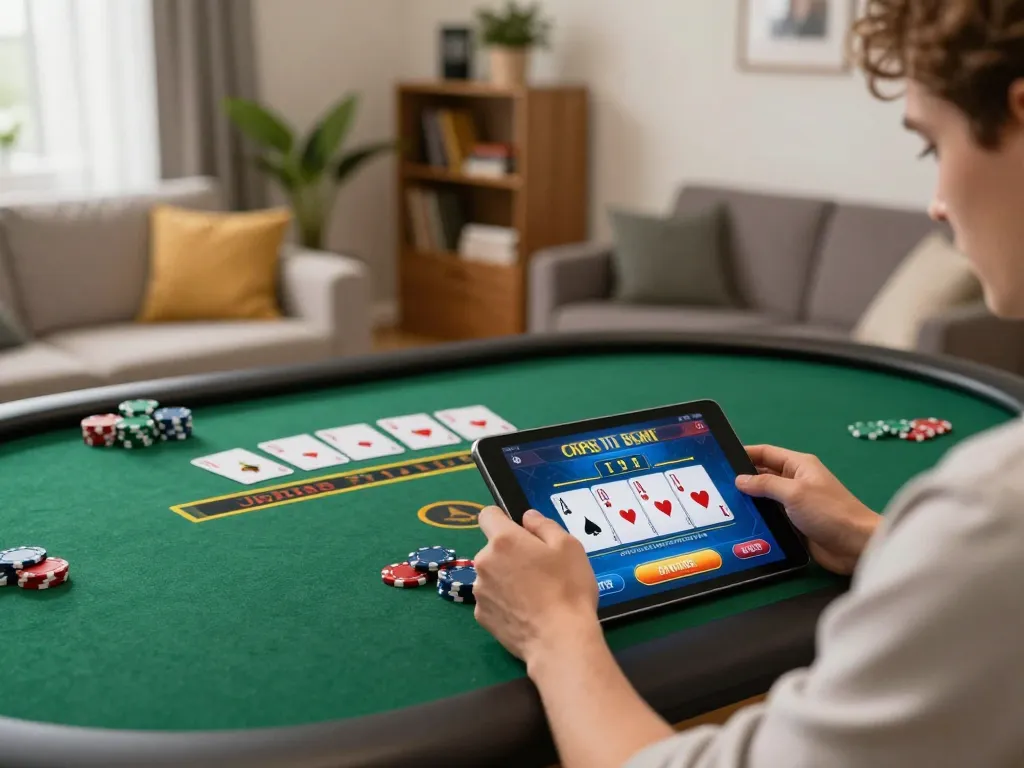 Player engaging in online 8day casino gameplay on a tablet, showcasing poker strategy and comfortable home setting.