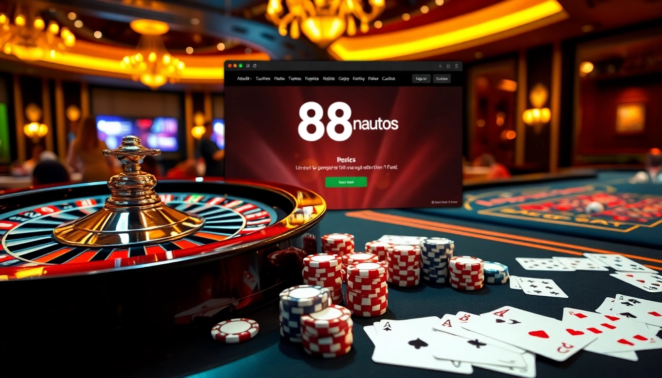 Place your bets at https://88new.autos/ showcasing a luxurious casino with roulette, poker chips, and vibrant games.
