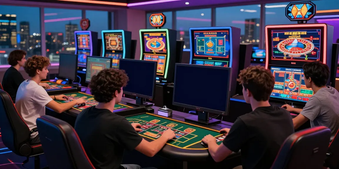 Engaged players enjoying online credit card casinos in a vibrant gaming environment, showcasing screens with various casino games.