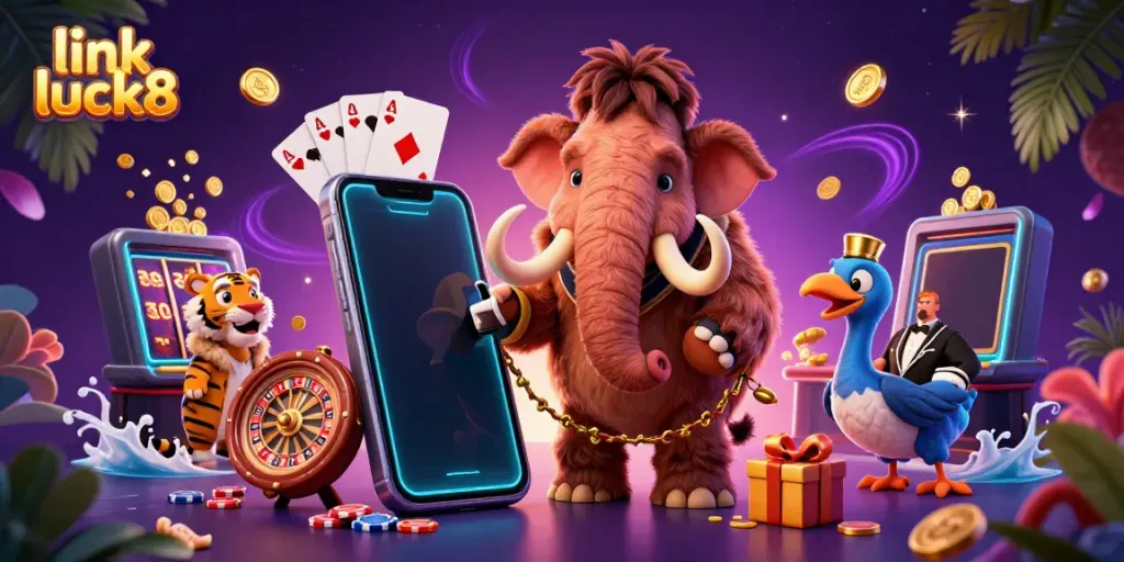 Experience excitement at link luck8 with a vibrant scene featuring unique casino characters and engaging games.