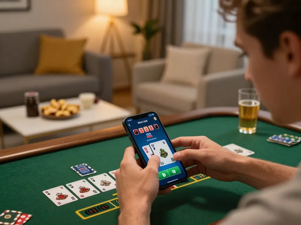 Player engaging in blackjack using Bsport app in a cozy home setting.