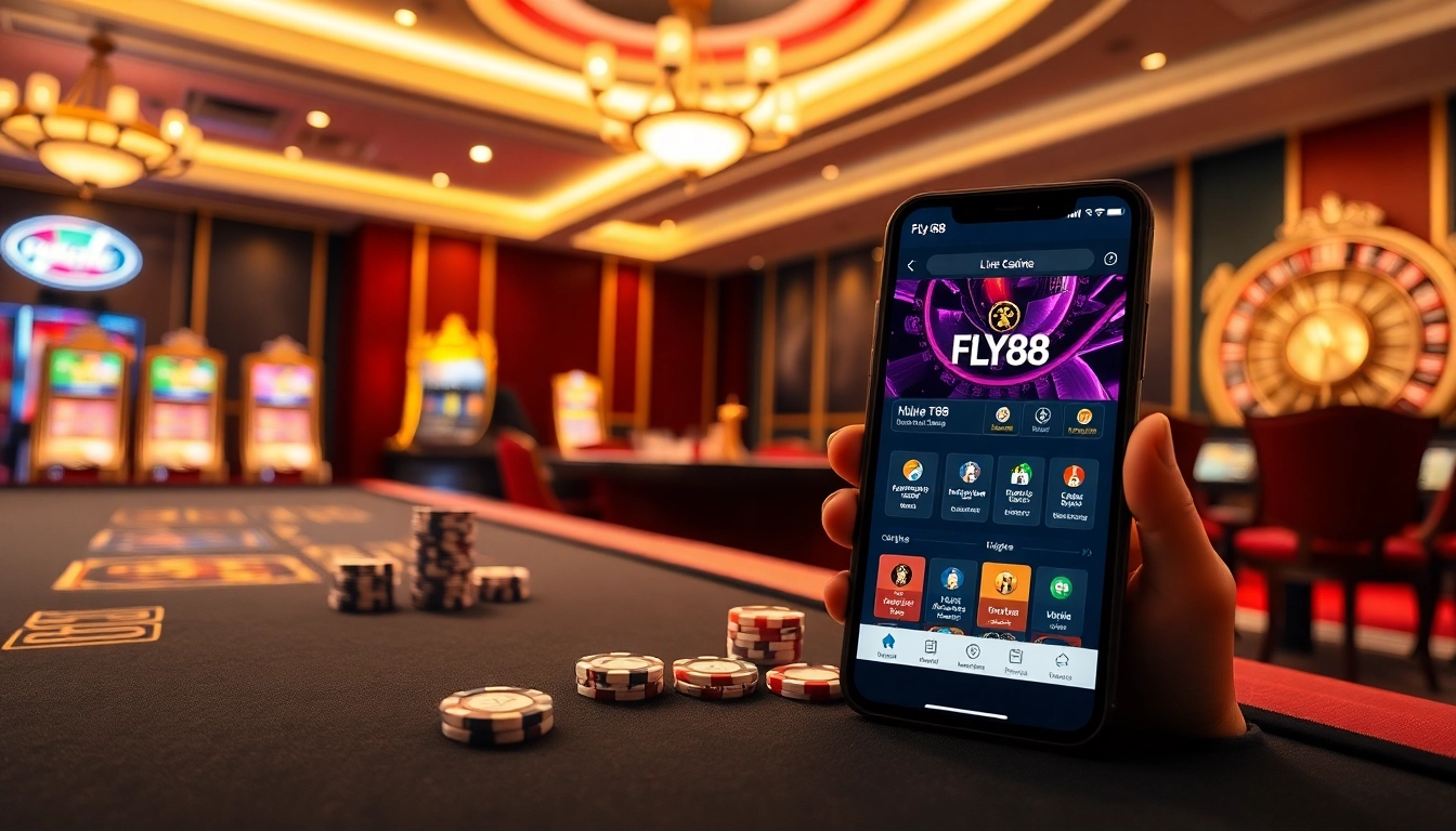 Exciting casino action at nhà cái fly88 with vibrant slot machines and poker chips.