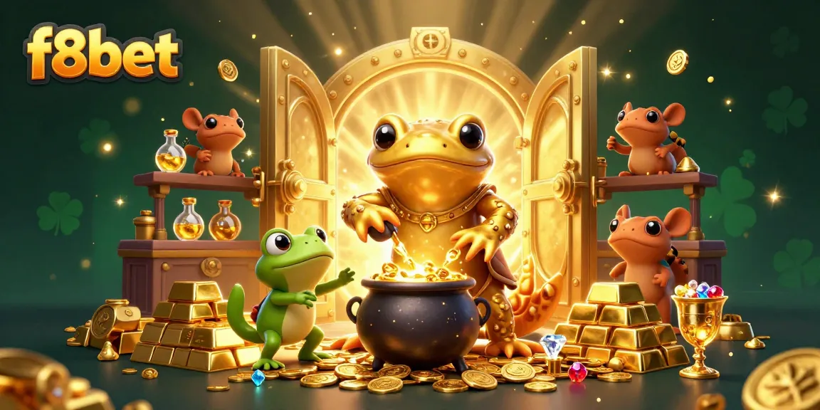 F8bet transforms your gaming experience with vibrant gold and enchanting characters in a lively casino setting.