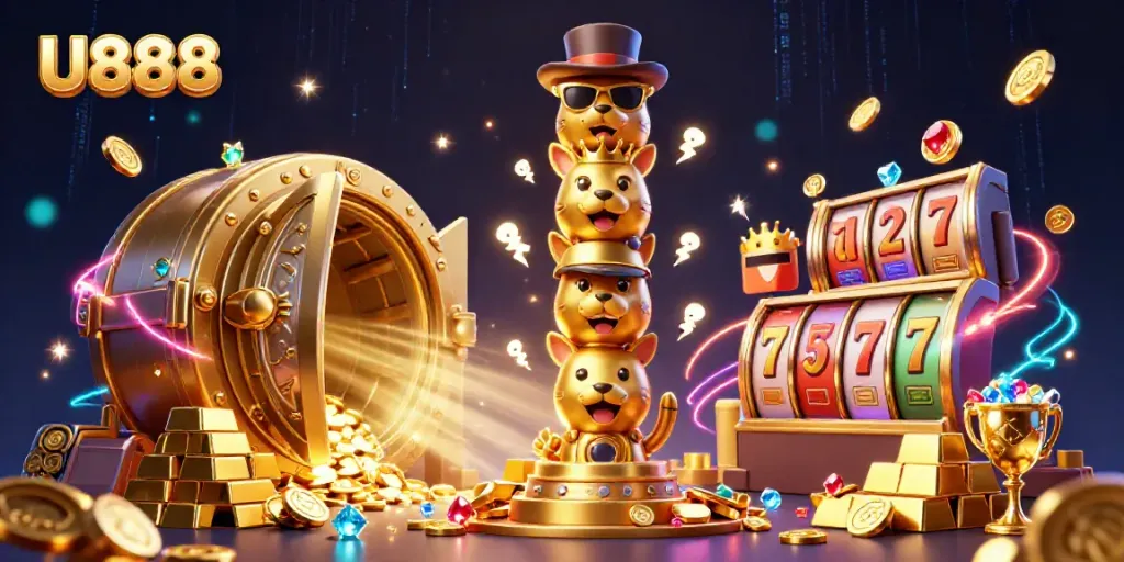 Engage in thrilling casino action with U888's vibrant 3D cartoon illustration featuring game elements and luxurious treasures.