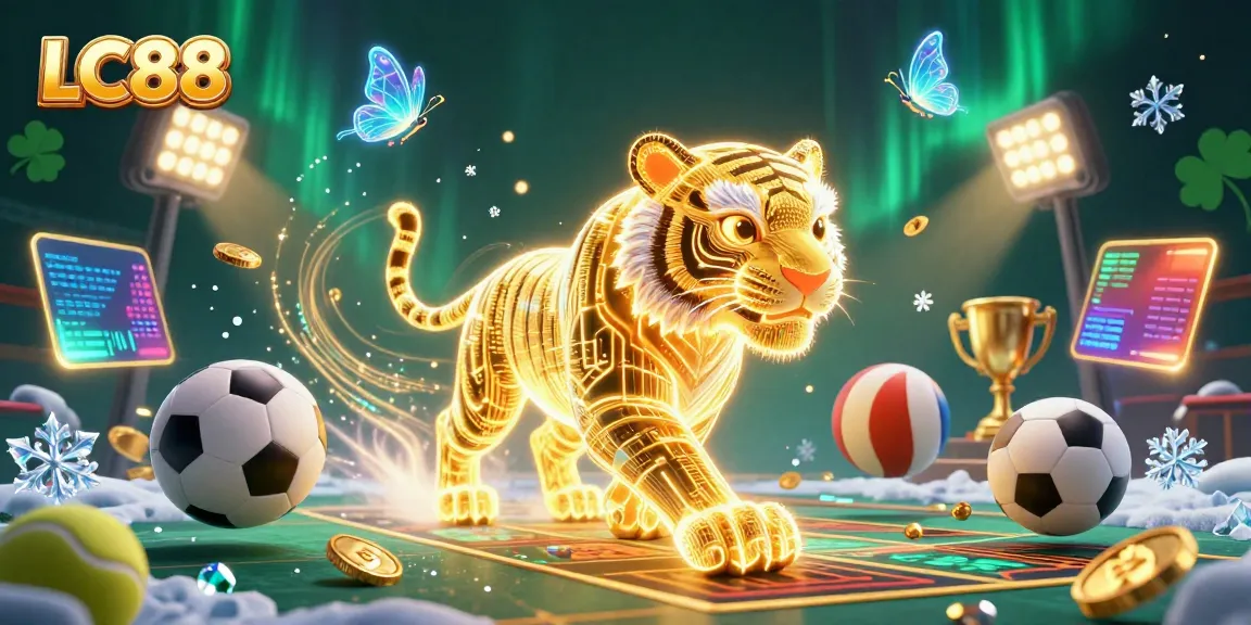 Experience thrilling gaming at LC88 with a glowing golden tiger in a vibrant casino landscape.