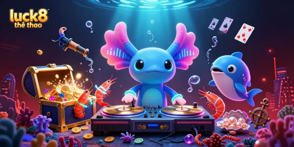 Join the lively action at luck8 thể thao, where a neon axolotl DJ spins in an energetic underwater casino scene.