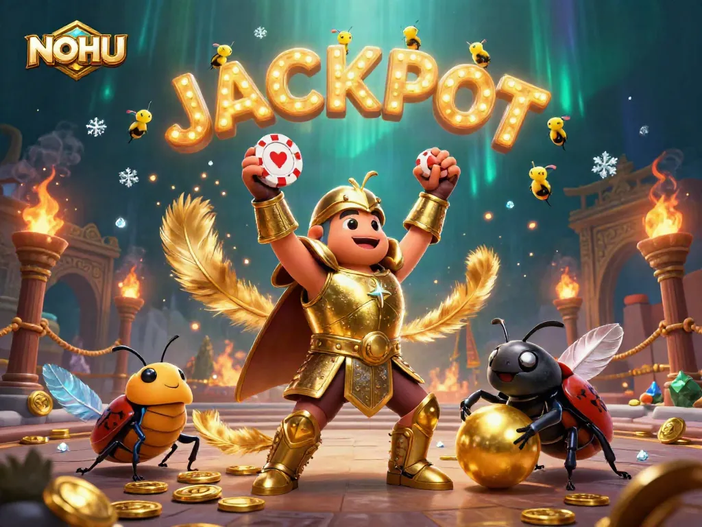 NOHU casino beetle celebrates a JACKPOT victory with gold coins and vibrant gambling elements around