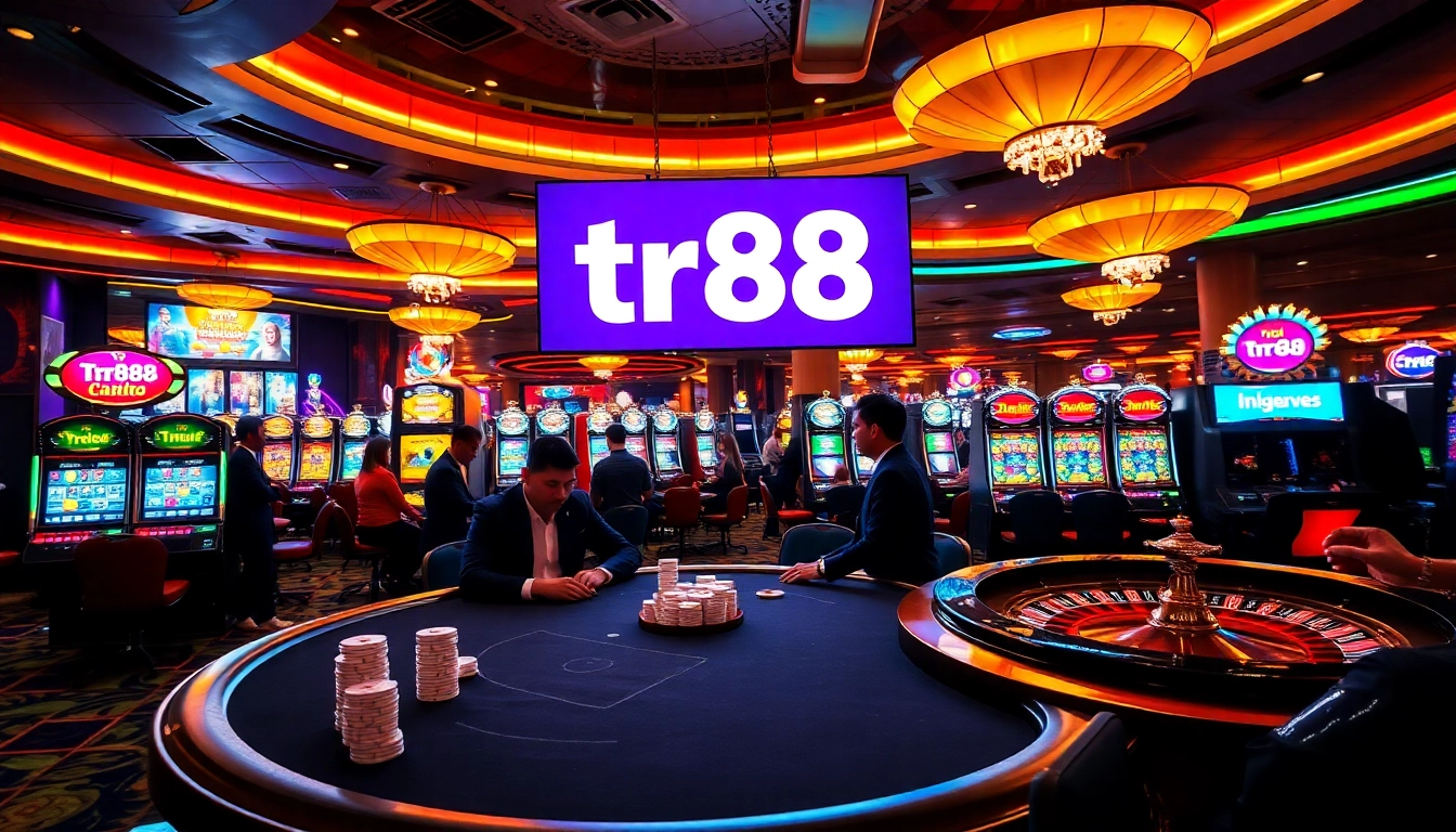 Experience thrilling games at TR88 Casino, featuring poker, slots, and roulette under vibrant lights.