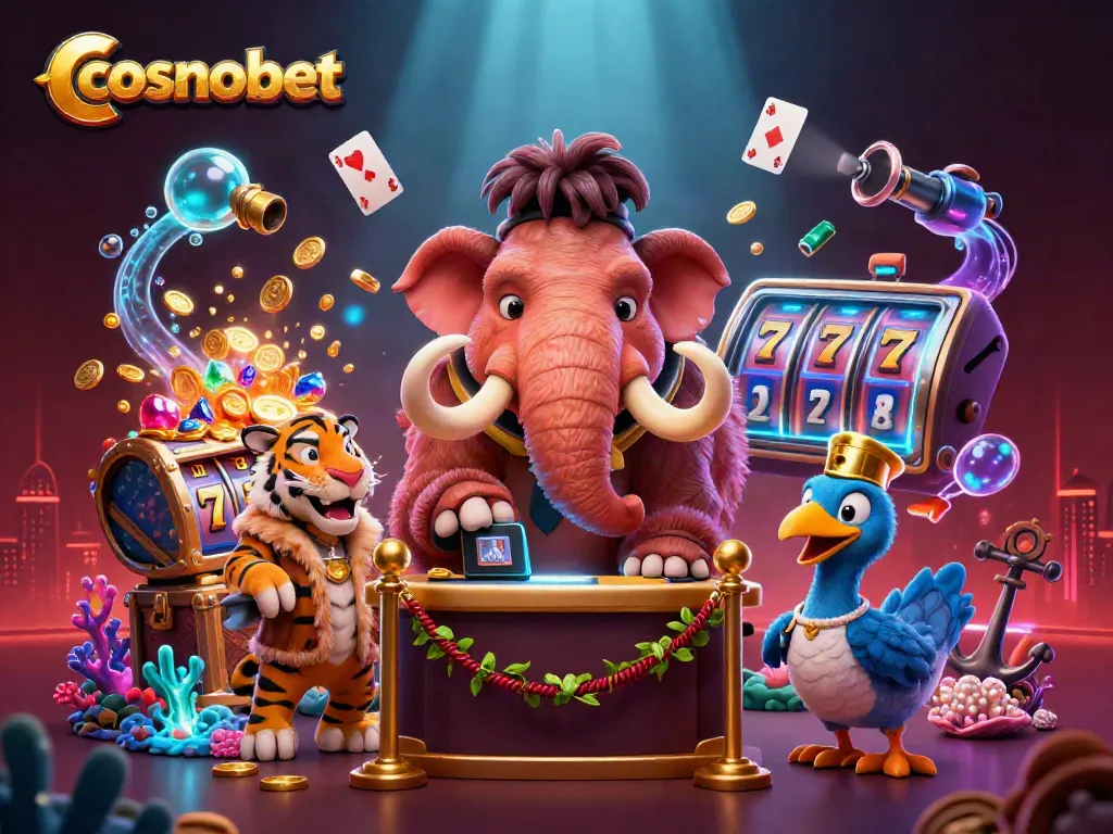 Jump into action with cosmobet's vibrant gaming scene featuring unique characters and rich casino elements.