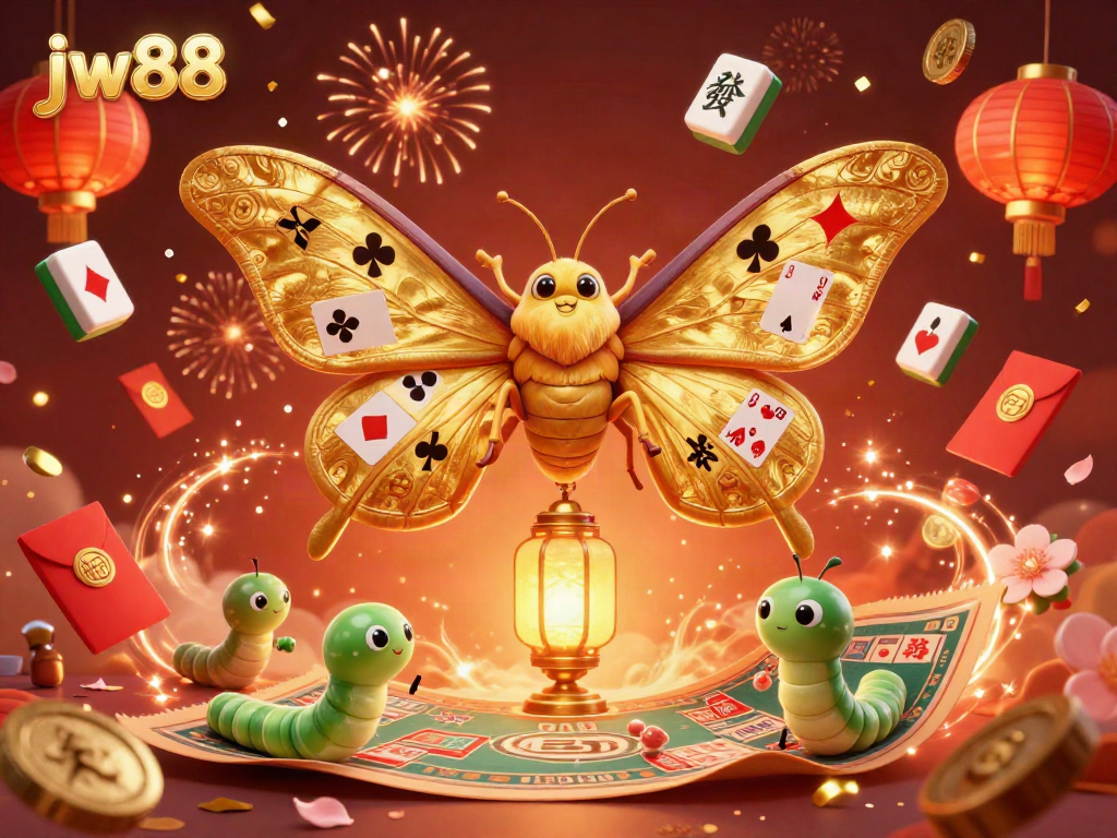 Experience the thrilling world of jw88 with vibrant casino-themed elements and a 3D cartoon moth in celebration.
