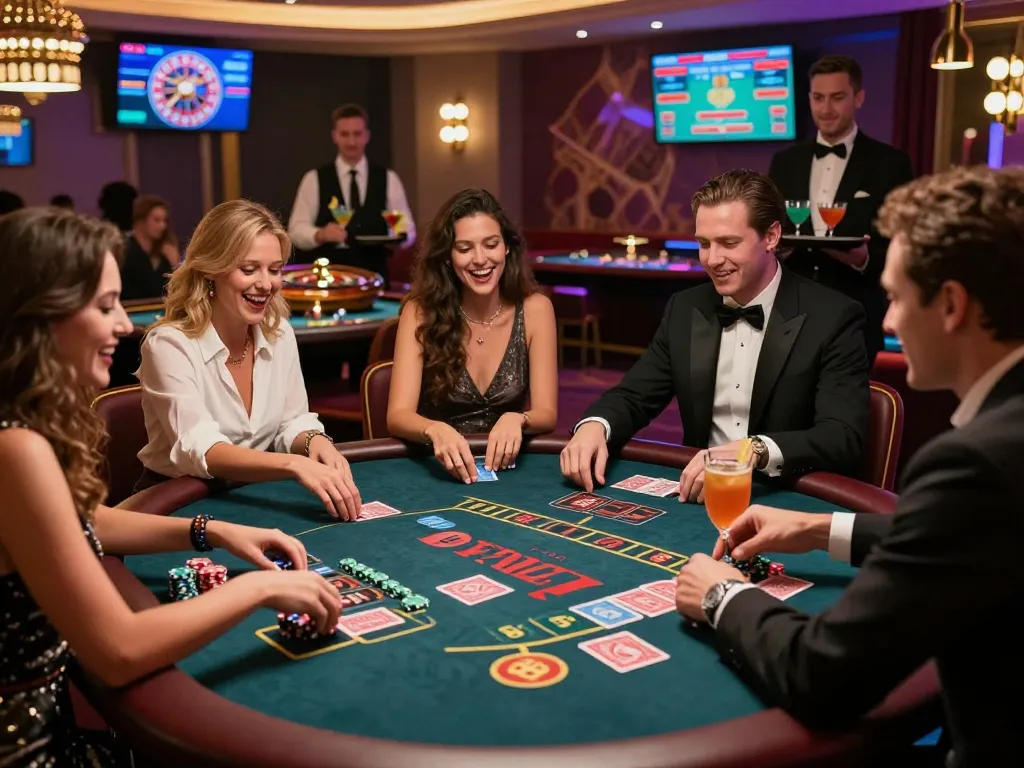 Friends enjoying an evening at the RED88 casino, playing vibrant table games and sipping cocktails.