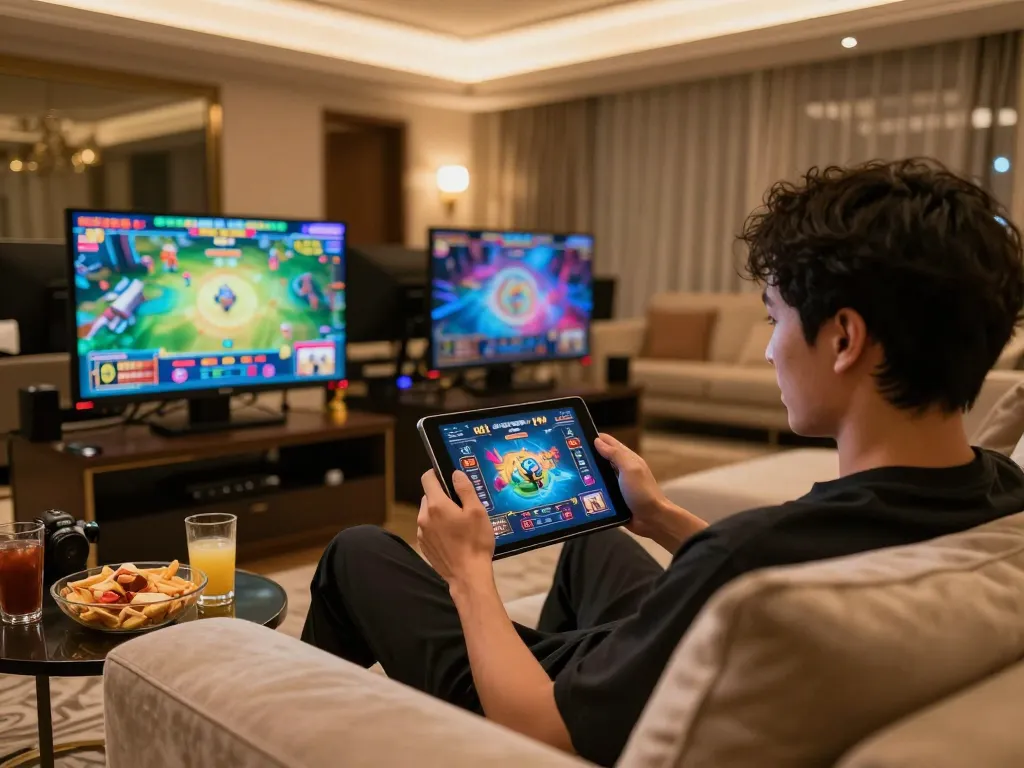 Engaged player at kkwin casino using tablet for online gaming experience.