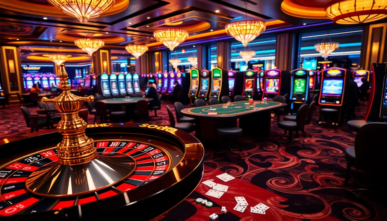 SODO CASINO vibrant scene with poker tables, roulette wheels, and bright slot machines.