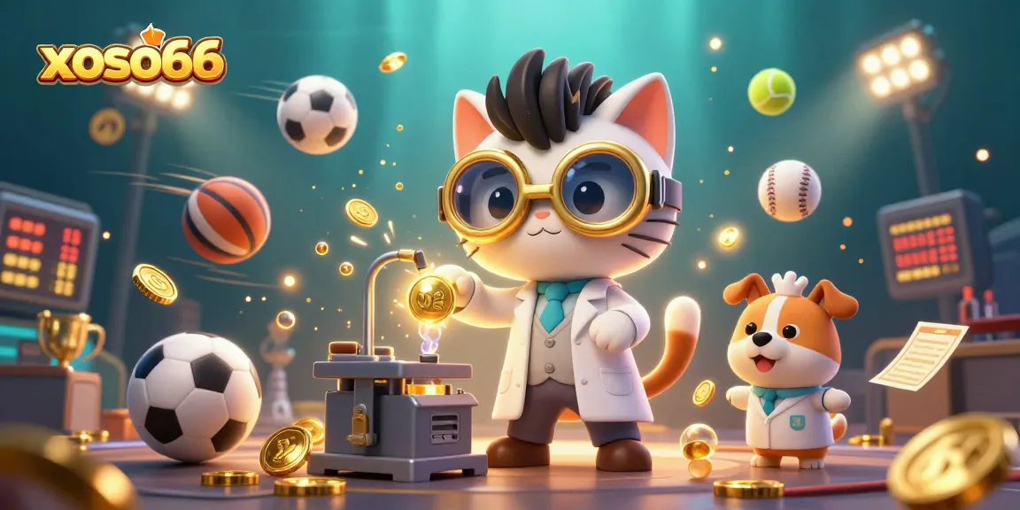 Experience the vibrant excitement of xoso66 with a cartoon mad scientist cat and loyal dog in a rich 3D casino scene.