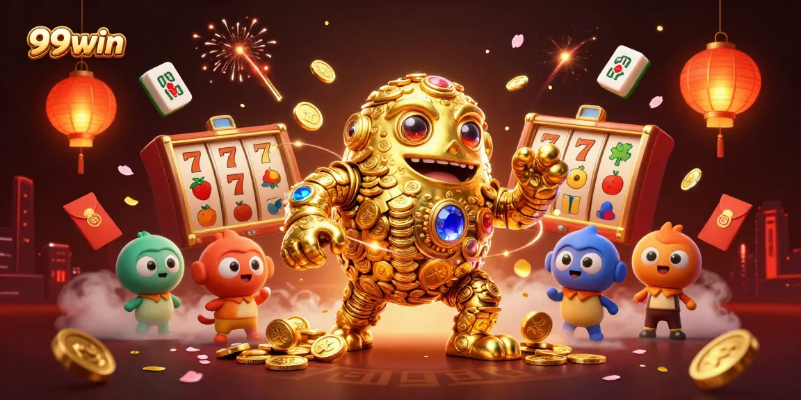 Engage in luck and excitement with 99win's dynamic casino scene featuring golden golems and slot symbols.