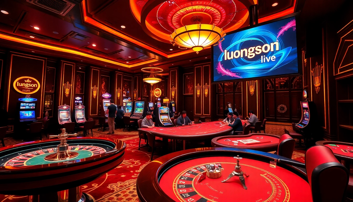 Experience excitement at luongson live as players enjoy a vibrant casino atmosphere with roulette and poker tables.