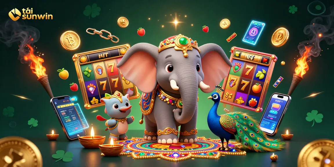 Engage in slot gaming with tải sunwin through an energetic, colorful 3D illustration brimming with excitement.