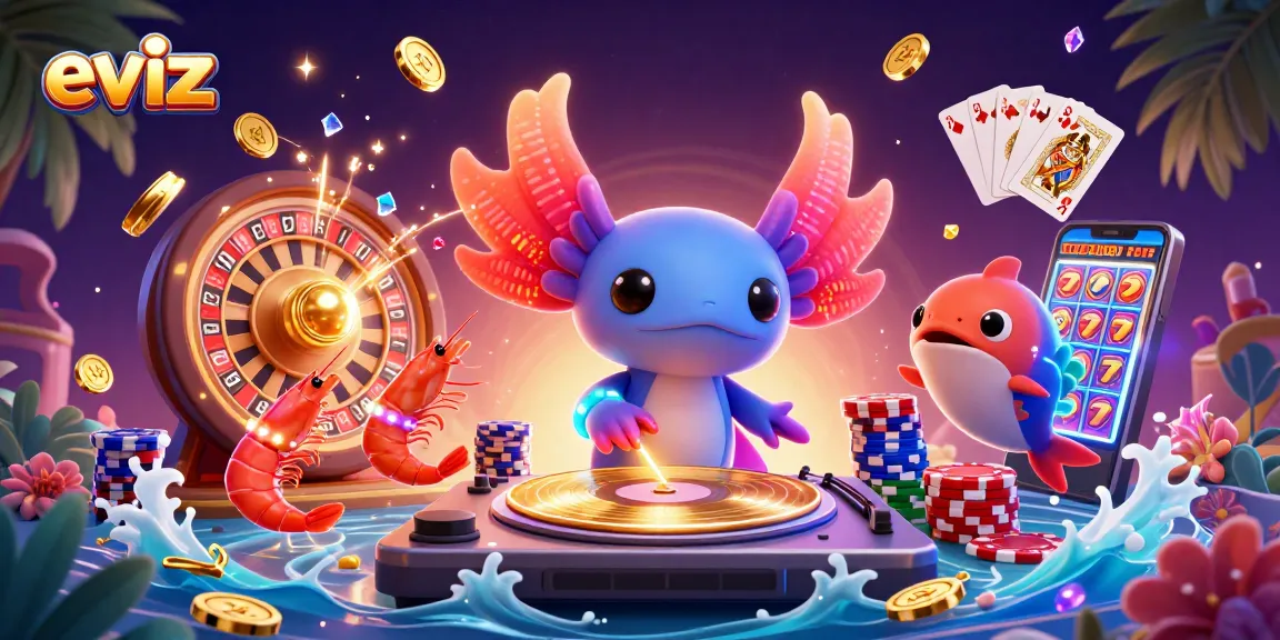 eviz powers a vibrant casino scene with neon characters amid cascading coins and game elements.